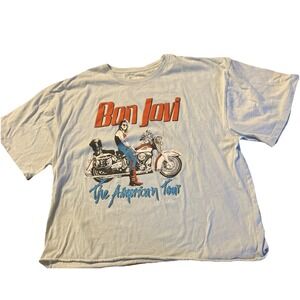 Bon Jovi American Tour Graphic Print Tee T-Shirt Mens XL Blue Short Slv Cut Off